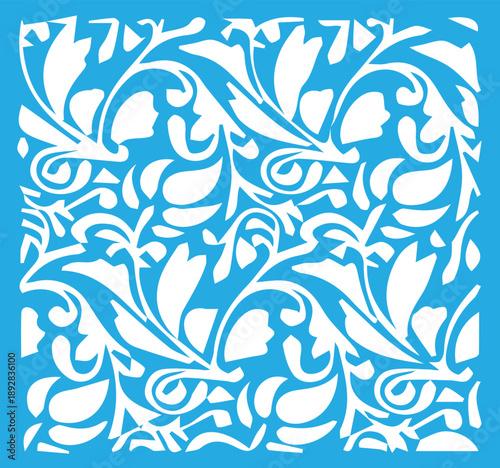 Elegant white organic leaf and vine pattern against a striking blue backdrop for design