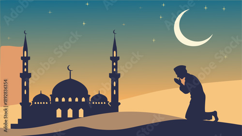Silhouette of a man praying in front of a mosque at sunset