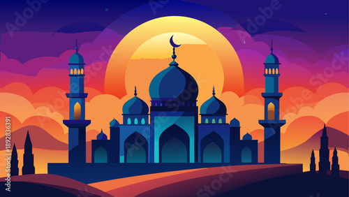 Illustrated mosque at sunset with crescent moon