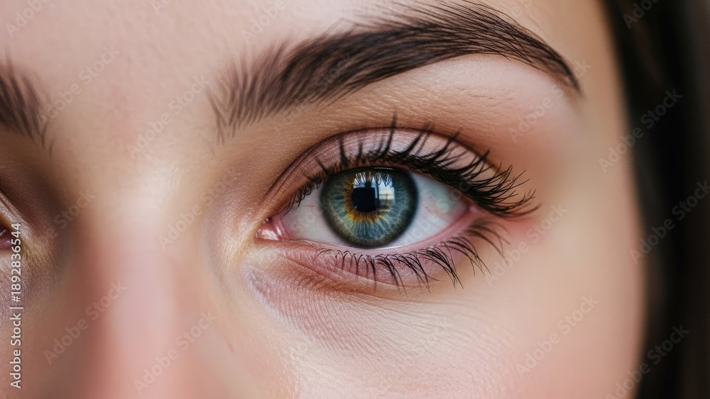 Fototapeta premium A close-up of a woman's eye with long eyelashes and thick eyebrows