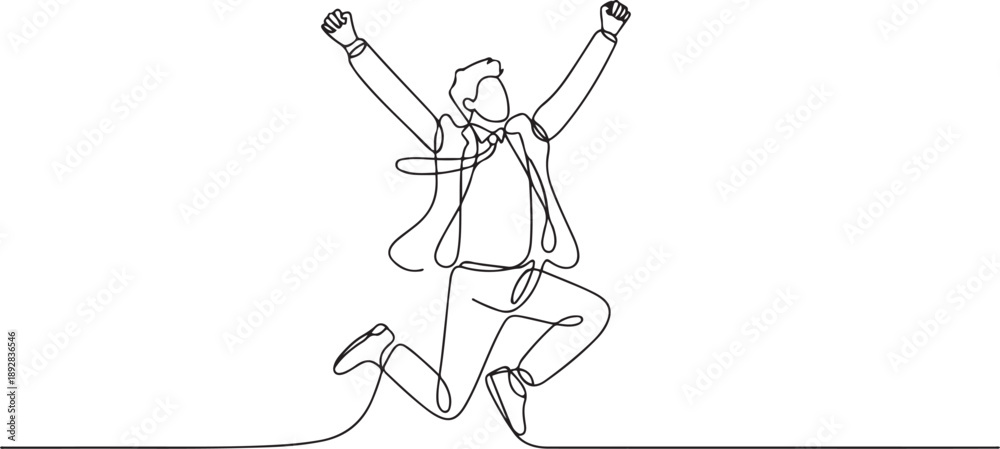 Fototapeta premium Continuous line, drawing of Office worker jumping happy.one line vector illustration with white background