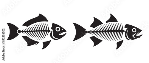 Black Fish Skeletons Facing Each Other, Clean Design Isolated on White Background.