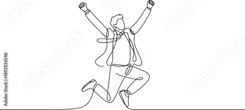 Continuous line, drawing of Office worker jumping happy.one line vector illustration with white background