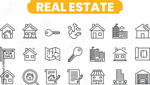 Real estate icon set houses buildings and property symbols