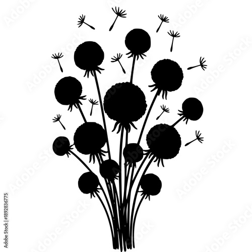 Stylized black silhouette graphic depicting several dandelion seed heads with fluffy seeds scattering across the white background digitally.