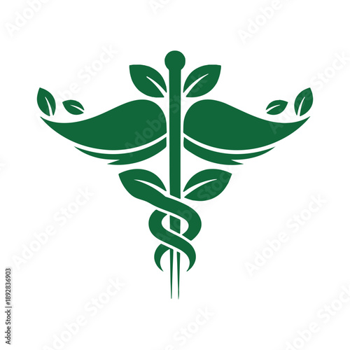 Green caduceus symbol with leaves and wings on white background medical symbol health