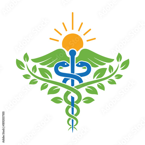 Caduceus symbol with green leaves blue snakes and orange sun medical symbol health