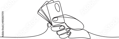 Continuous one line drawing of hand holding credit cards.one line vector illustration with white background