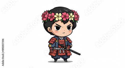 真剣な眼差しで立つちび侍が、頭に飾った色鮮やかな花冠との意外なギャップで見る者を魅了する。ミニチュアの鎧を丁寧に身につけ、独特な和風の可愛らしさを際立たせたユニークなキャラクターイラストレーション。. AI Generated