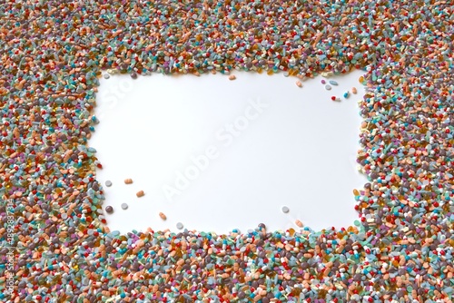 Variety of pills surrounding empy white area, illustration