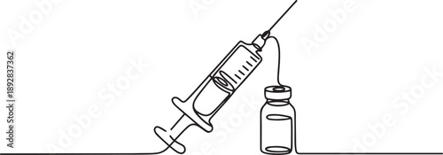Continuous one line drawing of syringe and vial - medical equiptment.one line vector illustration with white background