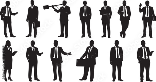 Silhouettes of businessmen in various professional poses and actions