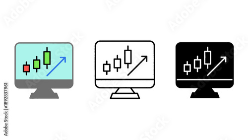 Three computer monitors displaying stock market charts with arrows indicating growth