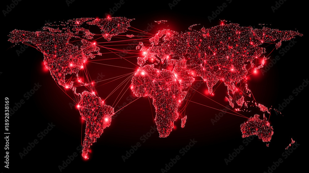 Obraz premium A red illuminated world map made of digital points, representing global cyber attacks, data security risks and worldwide digital conflict
