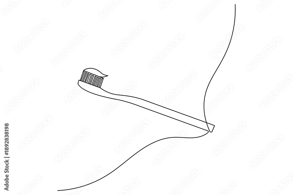 Obraz premium Minimalist continuous one line drawing of a toothbrush. Clean vector illustration perfect for dental clinic branding and oral hygiene concepts.