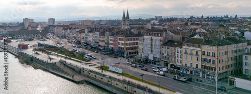 Aerial panoramic view of Macon city and Saone river in France 