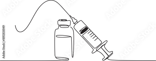 Continuous one line drawing of syringe and vial - medical equiptment.one line vector illustration with white background