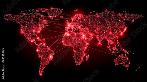 A red illuminated world map made of digital points, representing global cyber attacks, data security risks and worldwide digital conflict
