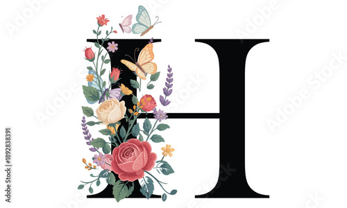 Beautiful alphabet H with floral watercolor bouquet