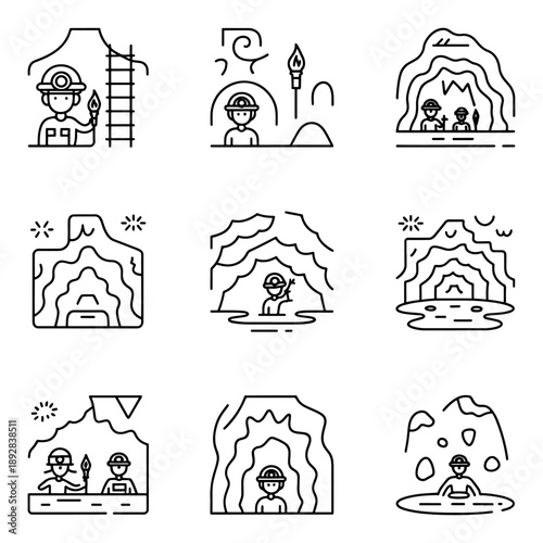 Qualityful cave line icon set