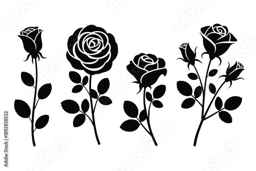 black rose silhouettes, on a white background, creating a romantic and elegant design, perfect for invitations, decorations, and love-themed projects.
