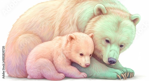 可愛らしいホッキョクグマの赤ちゃんが母親に甘えるように寄り添う淡いパステルカラーの幻想的な光が降り注ぎ柔らかな雰囲気を演出温かい母性愛と深い親子の絆が美しく描かれた心癒される優しい色使いのデジタルイラストレーション. AI Generated