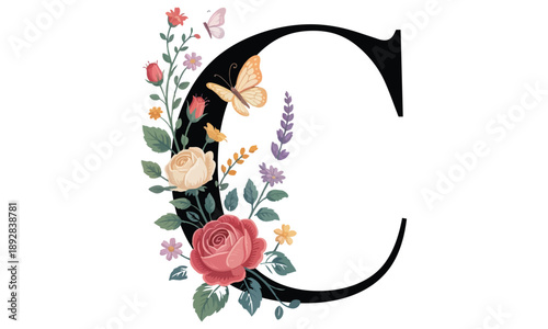 Beautiful alphabet C with floral watercolor bouquet