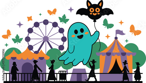 Cute Halloween Carnival Illustration With Ghost Ferris Wheel Circus Tents Bats Balloons Autumn Fairground Cartoon Scene Design