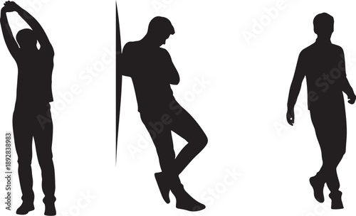 Silhouettes of people in various poses and outfits walking