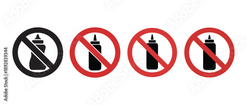Prohibited Squeeze Bottle Icons. No Sauce Container Warning Signs for Food and Event Restrictions.