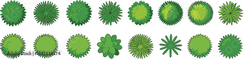 Top view collection of round green bushes and shrubs in various shapes for landscape design, garden planning, and nature illustration set vector elements isolated