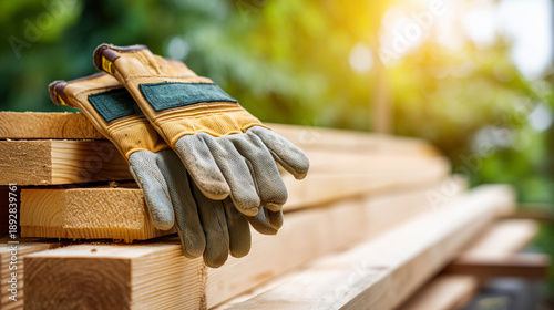 Minimalist shot of a stack of new lumber and a pair of professional work gloves resting on top, Construction Materials concept, fresh wood smell, outdoor setting, spring sun, with