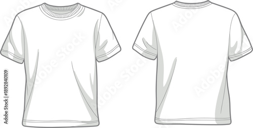 Flat vector illustration of short sleeve t shirt front and back views for fashion design technical sketch template apparel mockup isolated on white background