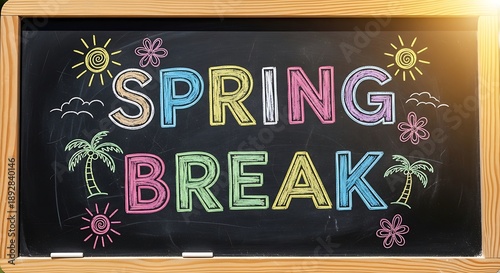 Colorful Spring Break Chalkboard Sign with Palm Trees.