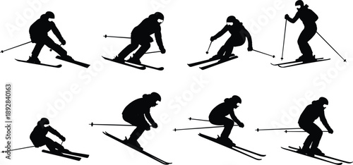 Collection of skier silhouettes performing downhill and alpine skiing actions, isolated on white background for winter sports, snow activities, and athletic design projects