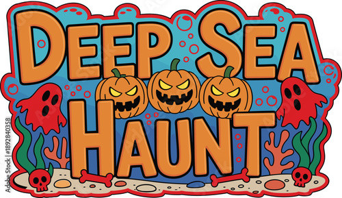 Deep Sea Haunt Halloween Underwater Pumpkin Ghost Cartoon Logo Illustration For Spooky Party Decor Stickers T Shirts Branding Design Artwork