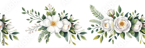 Elegant decorative, floral border, with white roses and lush green foliage, ideal for invitations, celebration designs, wedding stationery, and stylish romantic-themed illustrations.