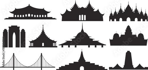 Famous world landmarks silhouettes collection, iconic architectural monuments skyline set in black, travel, tourism, culture, city, vector illustration