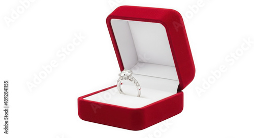 Open red velvet jewelry gift box with diamond ring inside isolated on transparent background