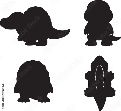 Adorable Cartoon Dinosaur Silhouettes Vector Set: Four Distinct Black Dino and Prehistoric Reptile Characters Including Dimetrodon Outline, Ideal for Kids' Apparel, Nursery Decor, and Simple Graphics.