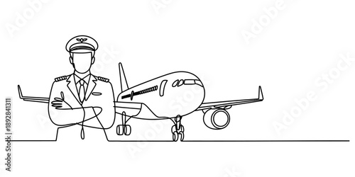 A continuous line art drawing of a confident pilot standing in front of an airplane Vector, illustration