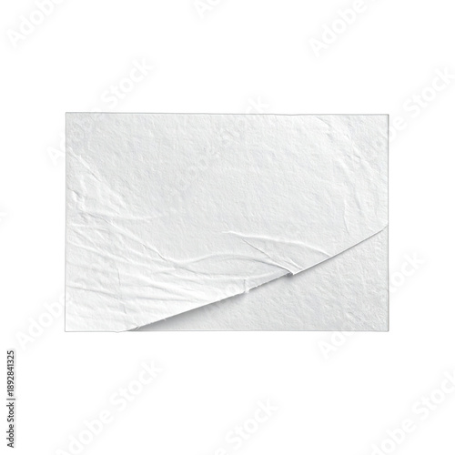 A blank, wrinkled white paper sticker with a partially peeled corner on a black background.