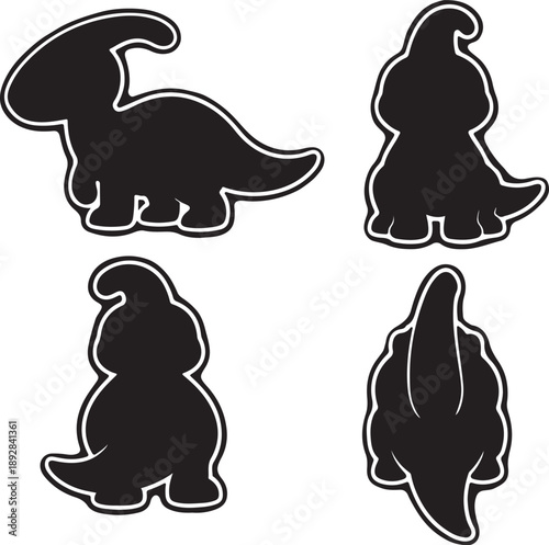 Cute Cartoon Dinosaur Silhouette Vector Set - Collection of Four Minimalist Parasaurolophus Stickers or Icons for Kids' Design, T-shirts, and Simple Graphic Projects.