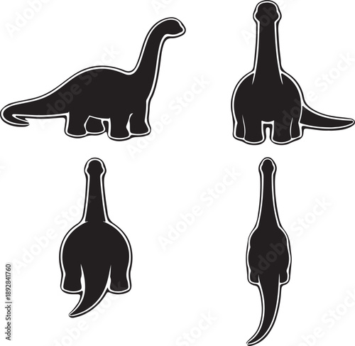 Minimalist Sauropod Dinosaur Icon Collection Vector: Detailed Black Silhouette Set Showing Brontosaurus/Apatosaurus from Four Different Views - Perfect for Logo Design, Stickers, and Kids' Education
