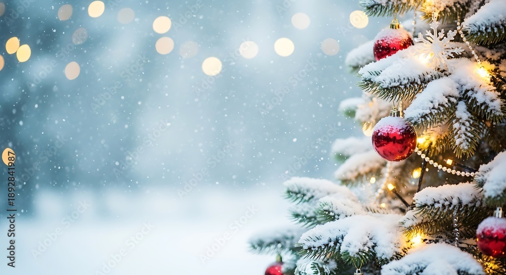 Obraz premium A snow-covered Christmas tree decorated with red ornaments on transparent background