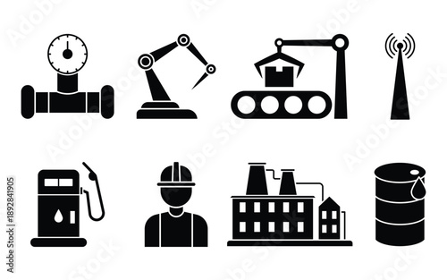 Factory web black filed icon set. A variety of icons depict different aspects of industrial manufacturing. The icons include machinery, tools, and factory elements.