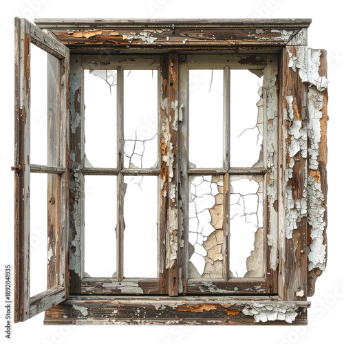 An old, distressed wooden window frame with several broken glass panes against a black background.