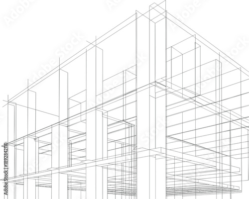 Abstract architectural wireframe of modern building structure showing transparent lines for engineering, construction planning, urban development, and technical blueprint style illustration concept 