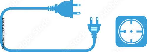 Electrical plug and socket icon set showing European and North American plug types with stylized blue illustration 