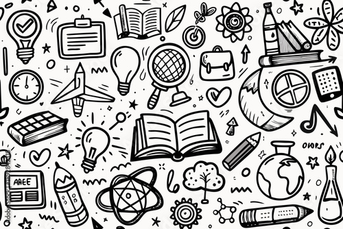 Black and white doodle educational seamless pattern learning school